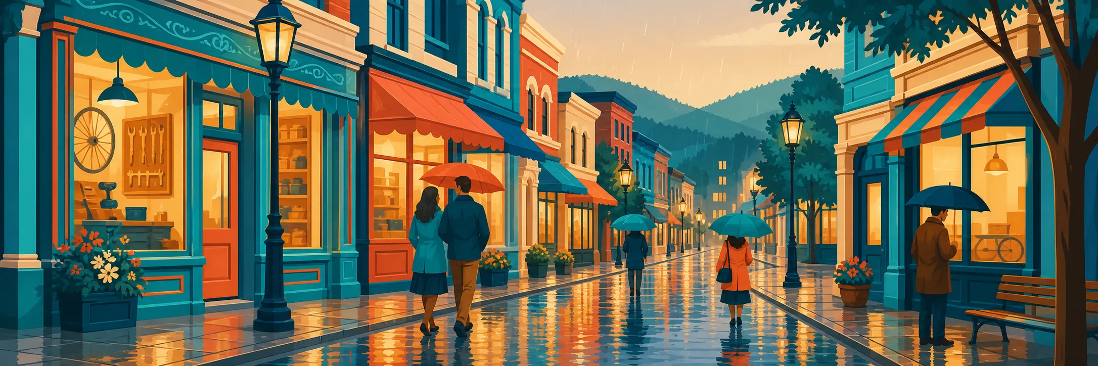 Stylized panoramic illustration of main street rain in Gault Mills.