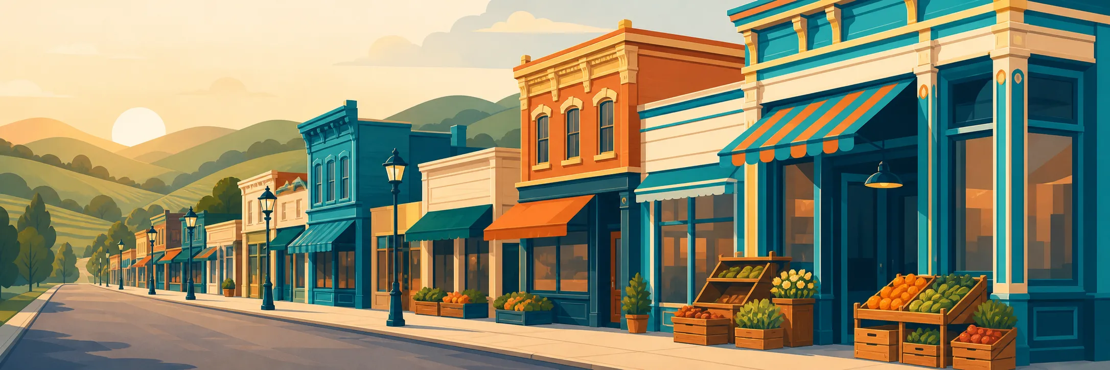 Stylized panoramic illustration of main street sunrise in Gault Mills.