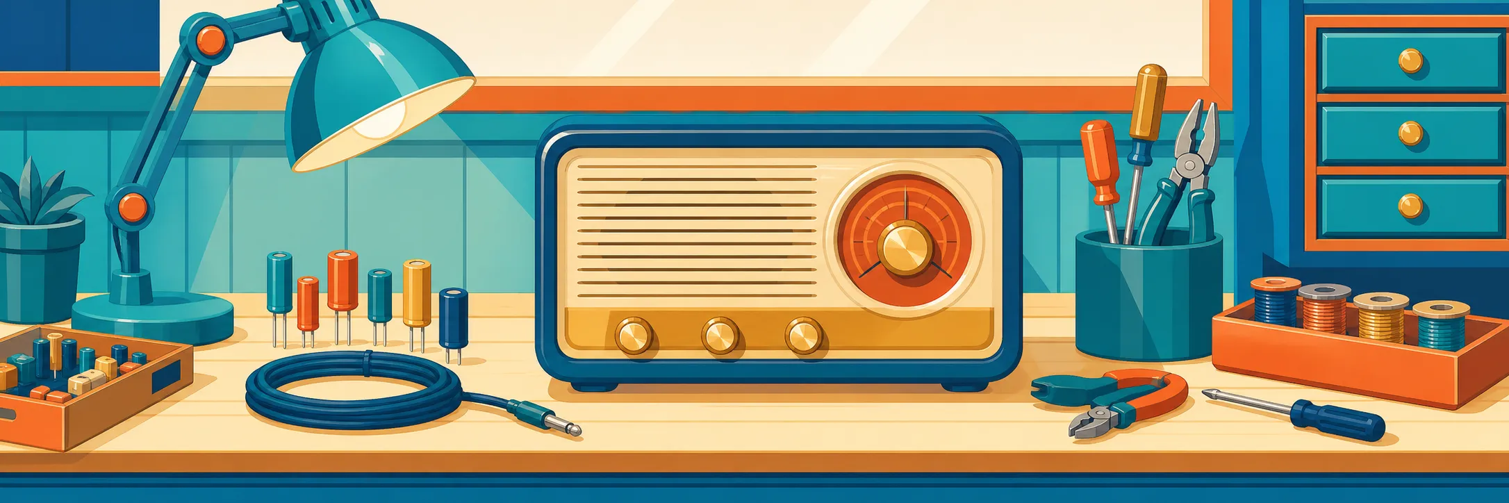 Stylized panoramic illustration of radio workbench in Gault Mills.