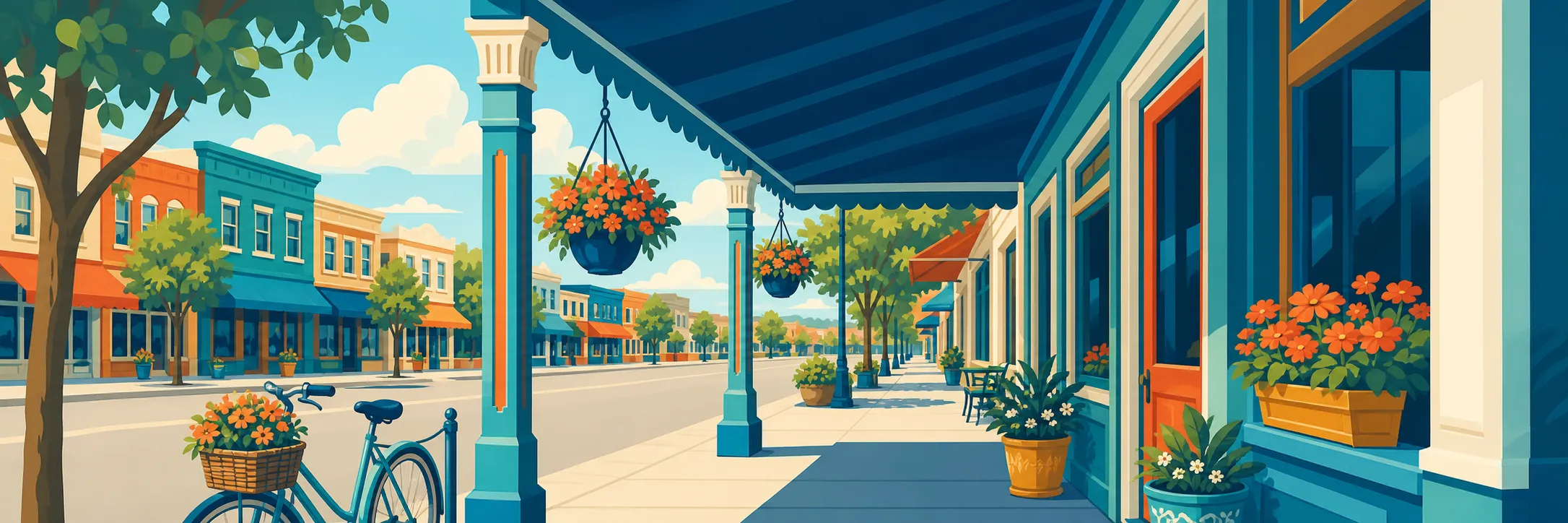 Stylized panoramic illustration of main summer noon in Gault Mills.