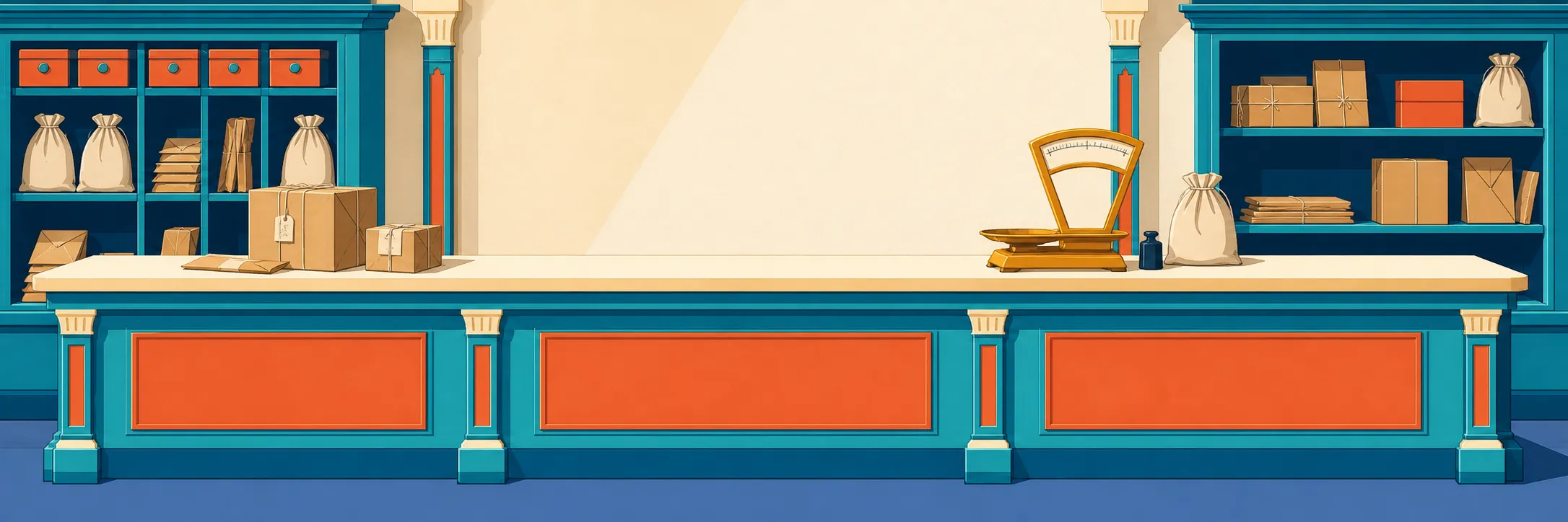 Stylized panoramic illustration of post office parcels in Gault Mills.